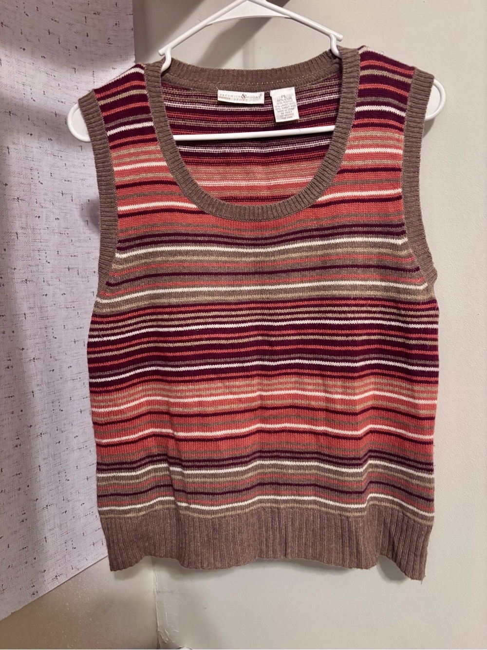 Preswick & Moore Striped Sleeveless Crewneck Vest in Burgundy, Coral & Taupe